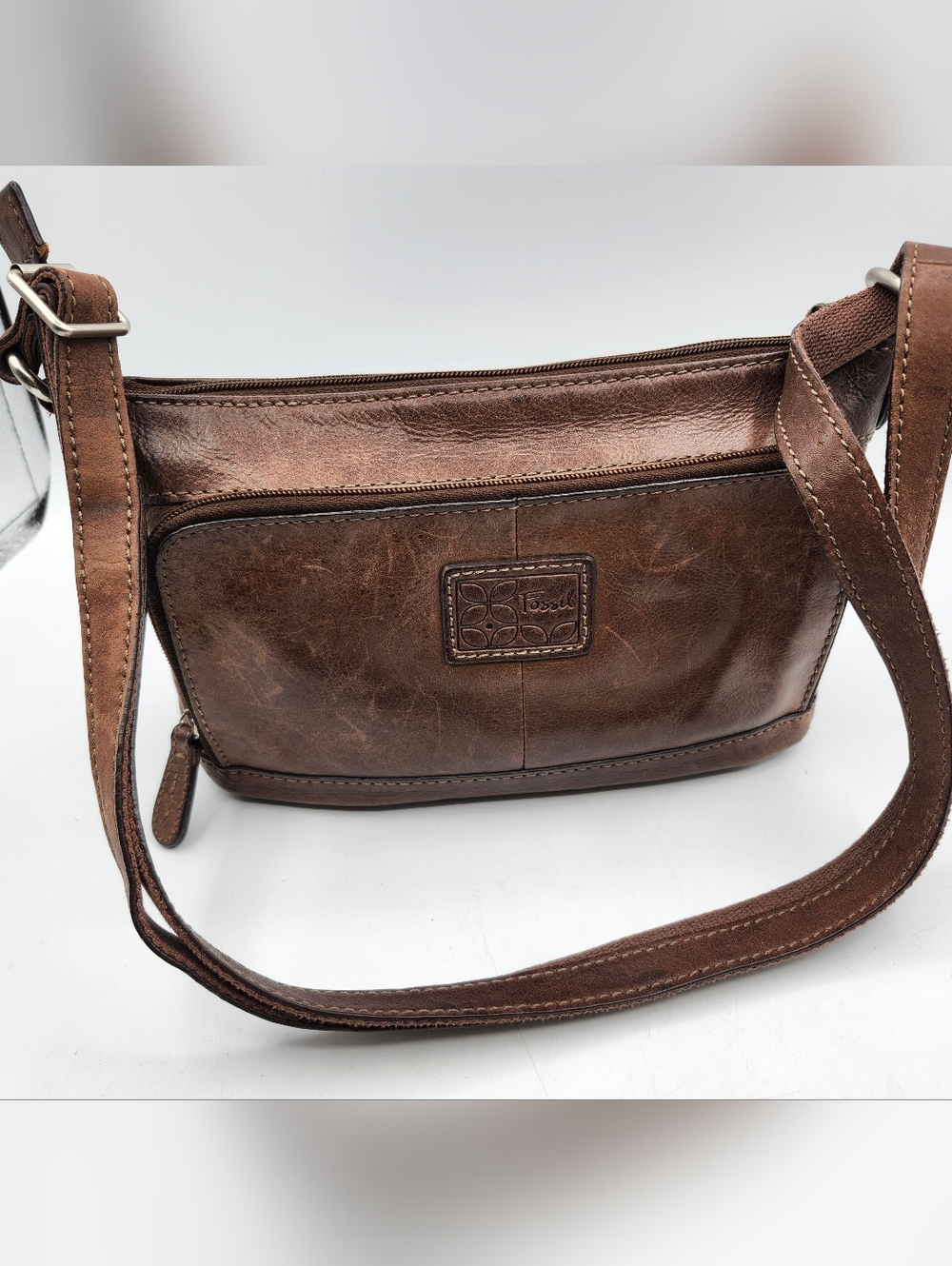 Fossil Brown Leather Adjustable Crossbody with Front Pocket Distressed